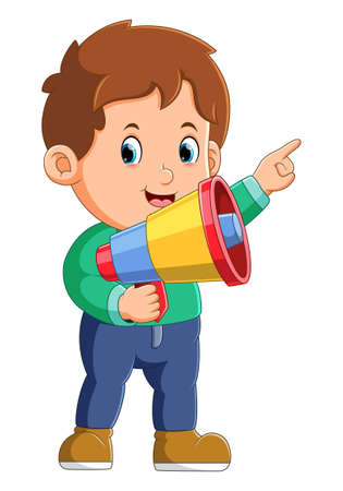 The boy is pointing on something and using a loudspeaker of illustrationのイラスト素材