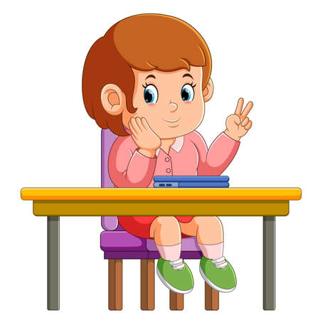 The cute girl is smiling and posing while sitting of illustrationのイラスト素材