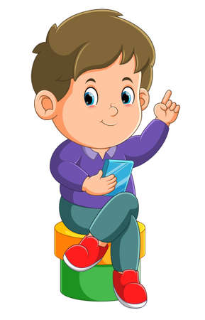 The boy is pointing up while sitting and playing phone of illustrationのイラスト素材