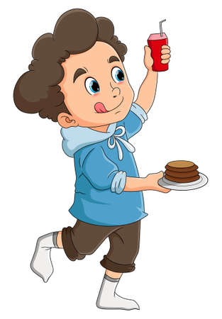 The happy boy is holding the delicious pancake and drinking of illustrationのイラスト素材