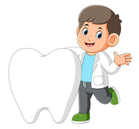 The dentist is posing with a big tooth and very happy of illustrationのイラスト素材