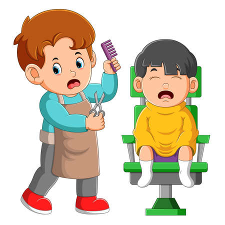 The little boy is crying while being shaved by barber man of illustrationのイラスト素材