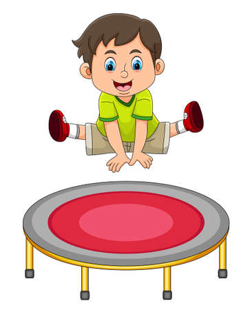 The cute boy is jumping on the trampoline and doing the freestyle of illustrationのイラスト素材