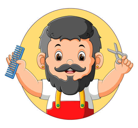 The logo of the barbershop with the man holding the comb and scissor of illustrationのイラスト素材