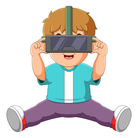 The boy is looking something on virtual reality and jumping of illustrationのイラスト素材