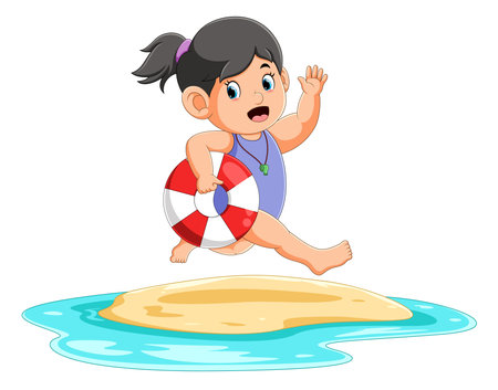 The girl is running to the water to swim with the tire of illustrationのイラスト素材