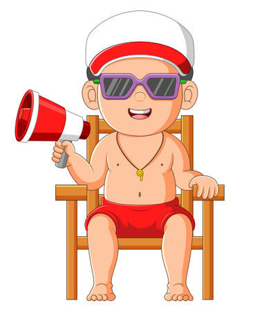 The coast guard boy is looking the visitor and sitting on the chair with the toa of illustrationのイラスト素材