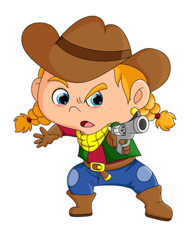 The cowboy girl is shooting with the hand gun with the angry expression of illustrationのイラスト素材