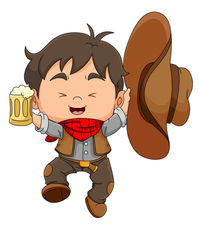 The happy cowboy is jumping and holding a root beer of illustrationのイラスト素材