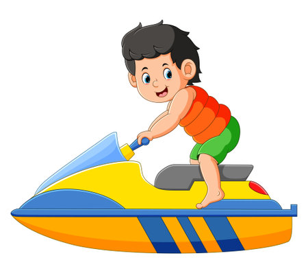 The happy boy is playing on the jet ski and riding on the beach of illustrationのイラスト素材