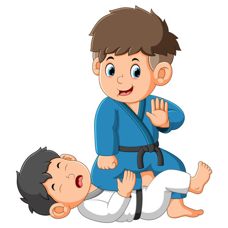 The brave boy is beating his friend on the battle of karate of illustrationのイラスト素材