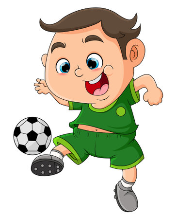 The boy is playing a football and going to shoot and pass the ball in a field of illustrationのイラスト素材