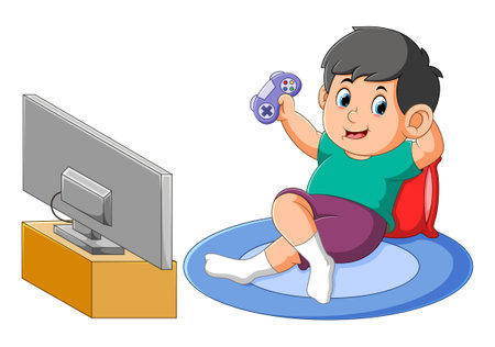 The boy is sitting on the carpet and playing the game with joystick controlling of illustrationのイラスト素材