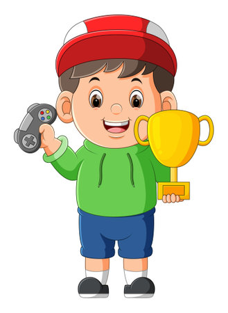 The little winner boy is holding the joy stick and a golden trophy of illustrationのイラスト素材