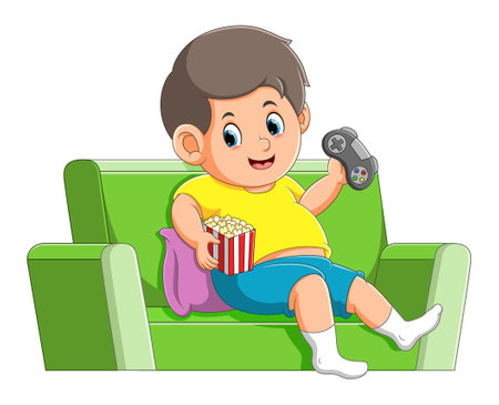 The happy boy is playing the game and eating the popcorn on the sofa of illustrationのイラスト素材