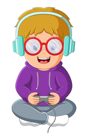The boy is controlling the video game with joystick and listening with the headphone of illustrationのイラスト素材