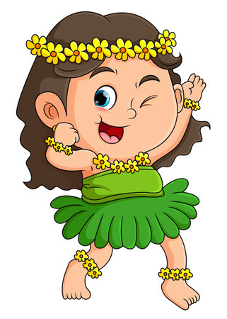 The cute girl is wearing and posing the hawaiian with beautiful flowers on body of illustrationのイラスト素材
