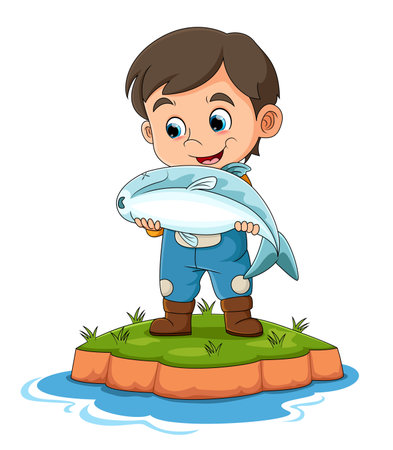 The boy is catching the big dead fish in the river while smiling and happy of illustrationのイラスト素材