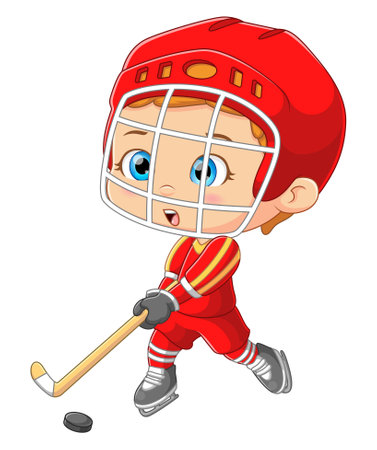 The cute boy is playing a hockey with a stick and wearing safety helmet of illustrationのイラスト素材