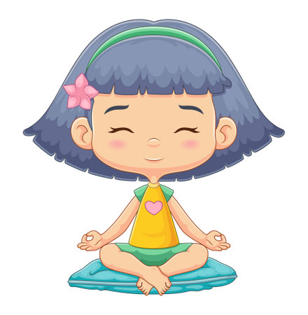 The little girl is meditating while sitting and very focus on pillow of illustrationのイラスト素材
