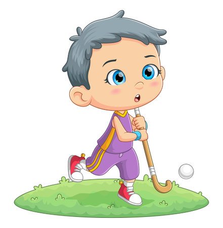 The cute boy is playing field hockey in a garden of illustrationのイラスト素材