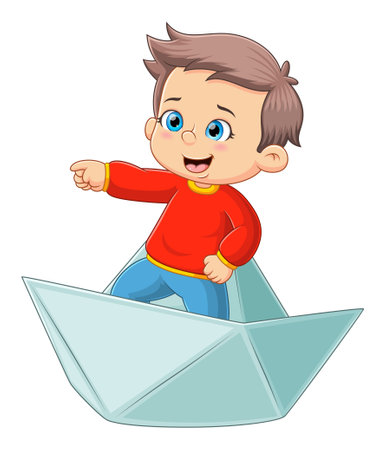 The cute boy is standing and pointing something on the paper boat of illustrationのイラスト素材