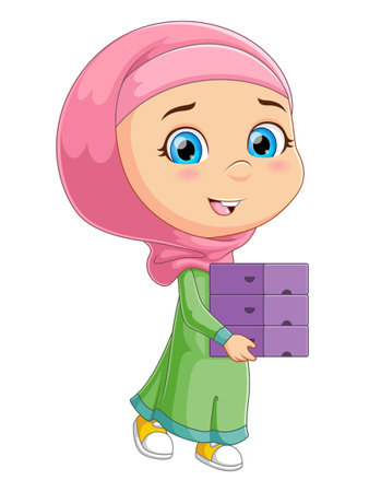 The happy girl is walking and moving the boxes with herself of illustrationのイラスト素材