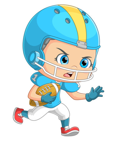 The brave boy is playing rugby in a competition and holding the ball of illustrationのイラスト素材