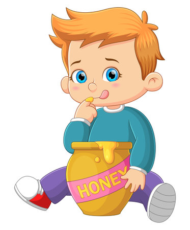 The little boy is licking the sweet honey from the jug of illustrationのイラスト素材