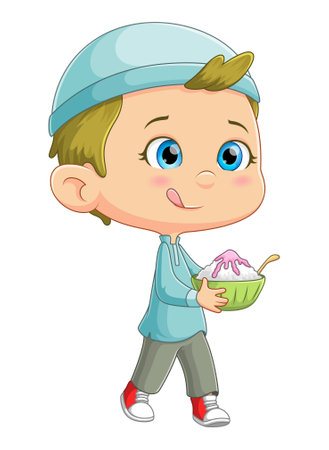 The cute boy is hungry and holding a strawberry ice cream in a bowl of illustrationのイラスト素材