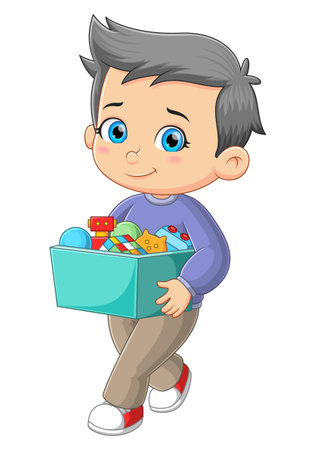 The cleaver boy is holding the box full of the toys of illustrationのイラスト素材