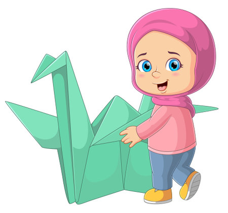 The young girl is holding and bringing the bird origami paper of illustrationのイラスト素材