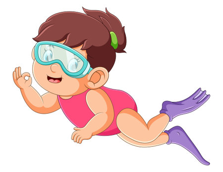 The professional diver girl is diving under the water of illustrationのイラスト素材