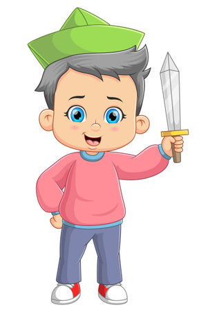The little sailor boy is holding the sharp silver sword of illustrationのイラスト素材