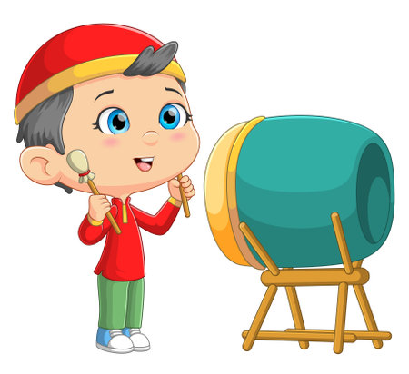 The cute boy is going to announce the call to prayer in the mosque of illustrationのイラスト素材