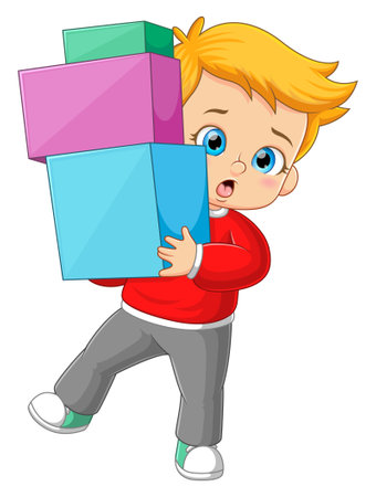 The boy is holding a lot of boxes with the hands of illustrationのイラスト素材