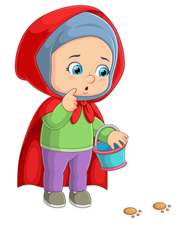 The little girl with the red hood is bringing the pail and looking the foot step of illustrationのイラスト素材