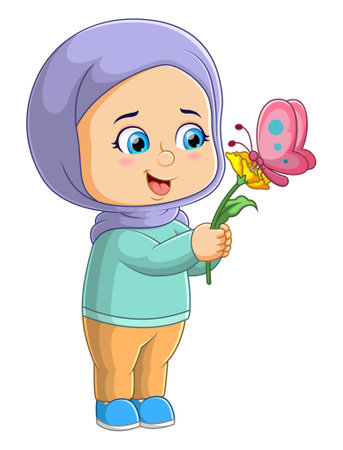The happy girl is playing and holding the flowers and the butterfly is perching on it of illustrationのイラスト素材