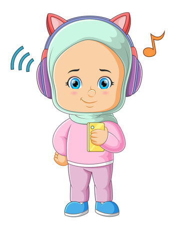 The cute girl is listening the favorite music with the headphone of illustrationのイラスト素材