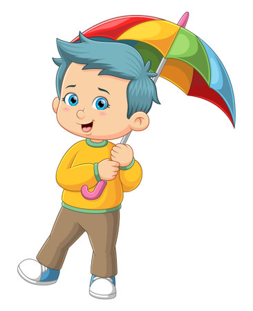 The young boy is wearing the rainbow umbrella of illustrationのイラスト素材