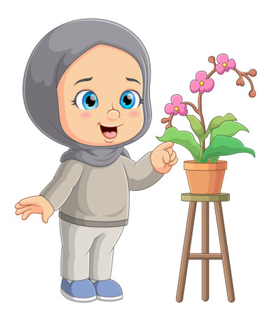The little girl is looking the beautiful orchid on the pots of illustrationのイラスト素材