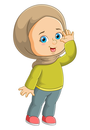 The cute girl with the happy expression is posing and raising up the hand of illustrationのイラスト素材