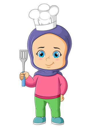 The happy chef girl is posing with the spatula of illustrationのイラスト素材