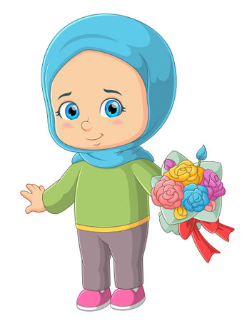 The shy girl is holding the beautiful bouquet flower with the cute expression of illustrationのイラスト素材