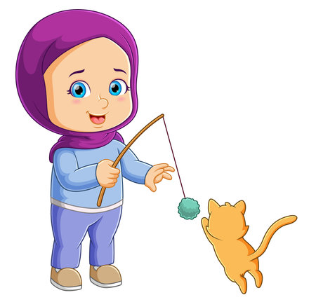 The little girl is holding the cat toy and the cat is trying to catch the ball of illustrationのイラスト素材