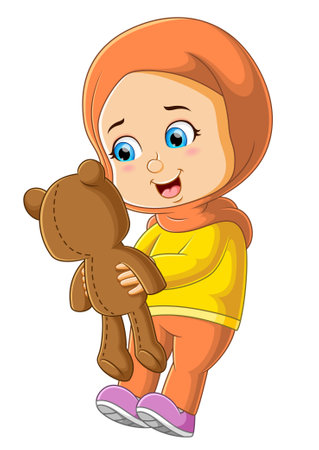 The cute little girl is playing and looking at the cute teddy bear doll of illustrationのイラスト素材
