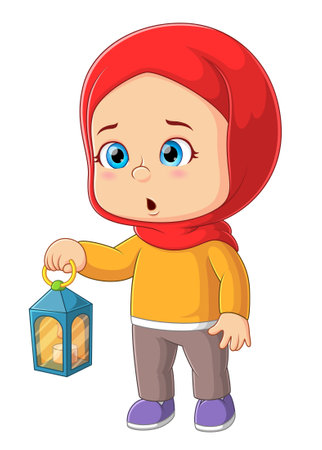 The little girl is holding the lantern lamp for light the room of illustrationのイラスト素材