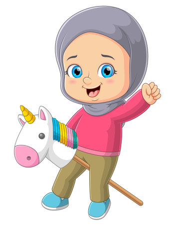 The happy girl is sitting on the unicorn stick and showing the cute expression of illustrationのイラスト素材