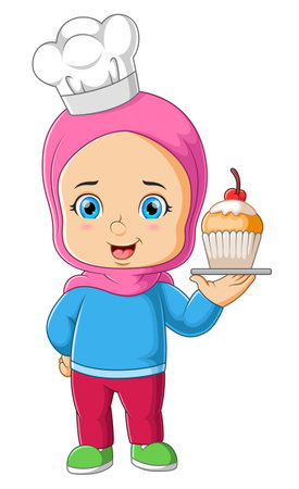 The young girl as the chef is holding the cute cupcakes with the red cherry of illustrationのイラスト素材