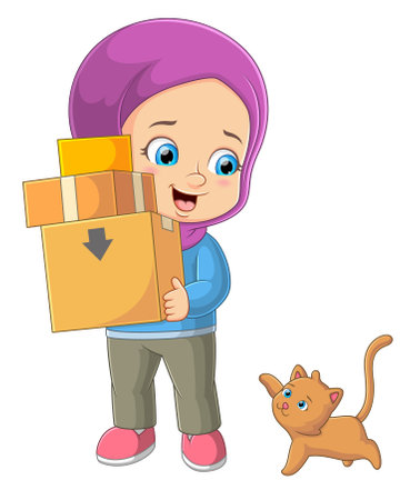 The little girl is holding many boxes and the cat is walking at the back of illustrationのイラスト素材